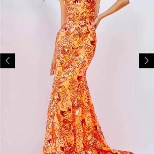 Jovani Vibrant Orange Floral Maxi Dress